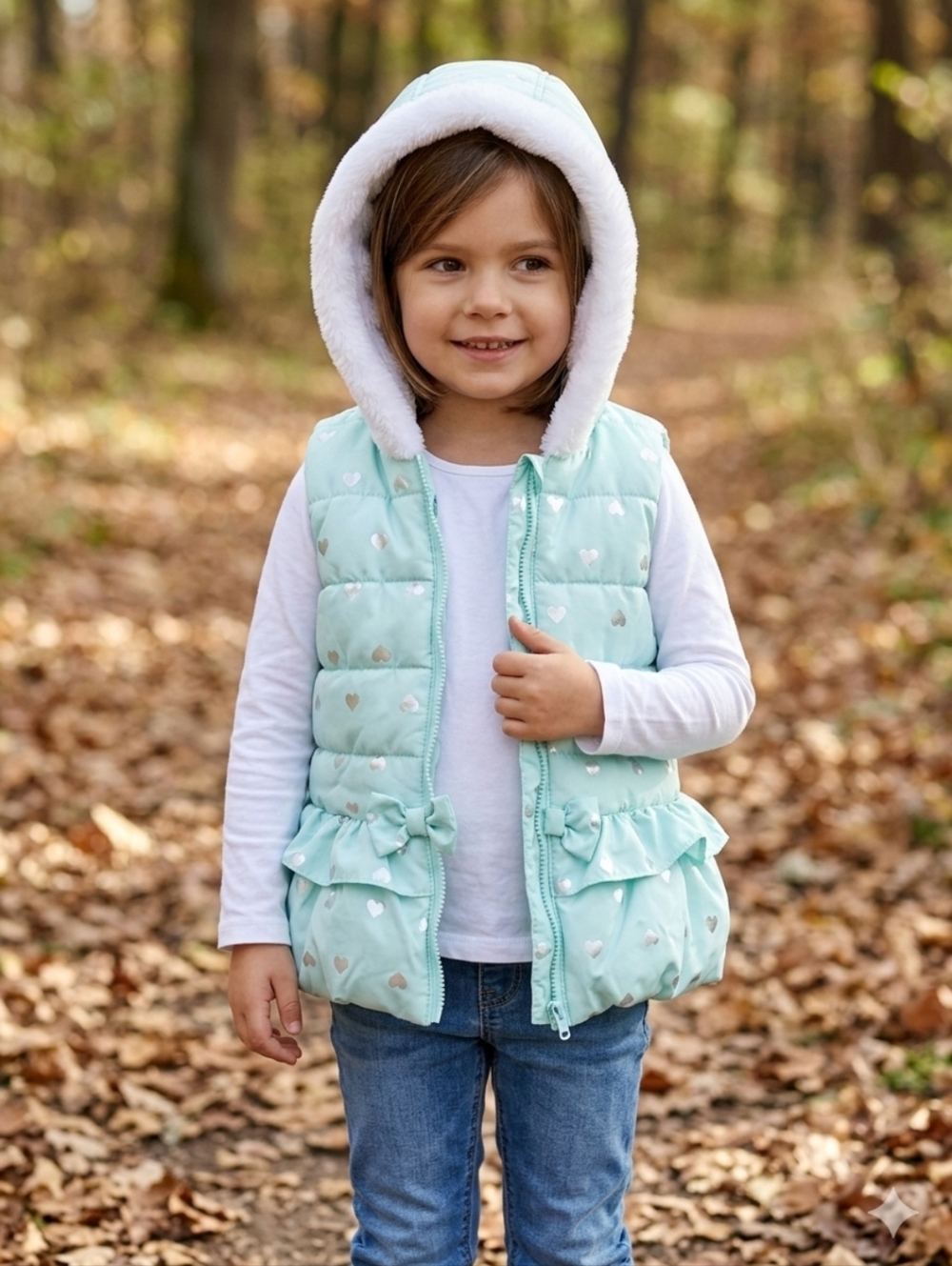 Kids Hooded Puffer Vest in Mint with Heart Print